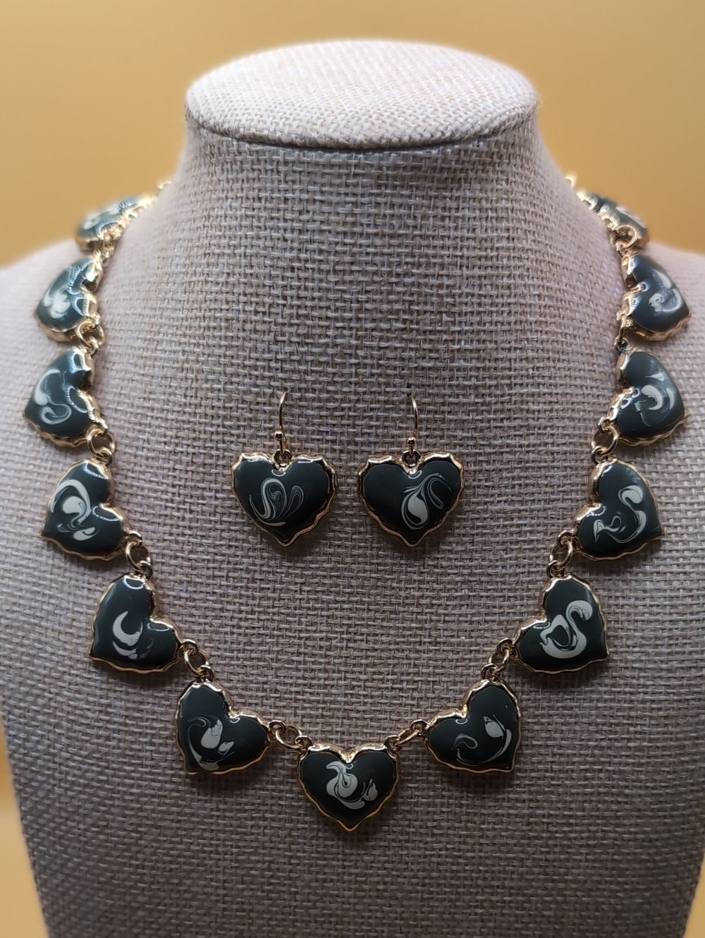 Heart Link Enamel Necklace & Earring Set - Grey and Gold